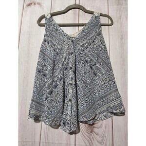 Guess Boho Print Crochet Lace Neckline V Neck Button Front Shirt Women's Medium